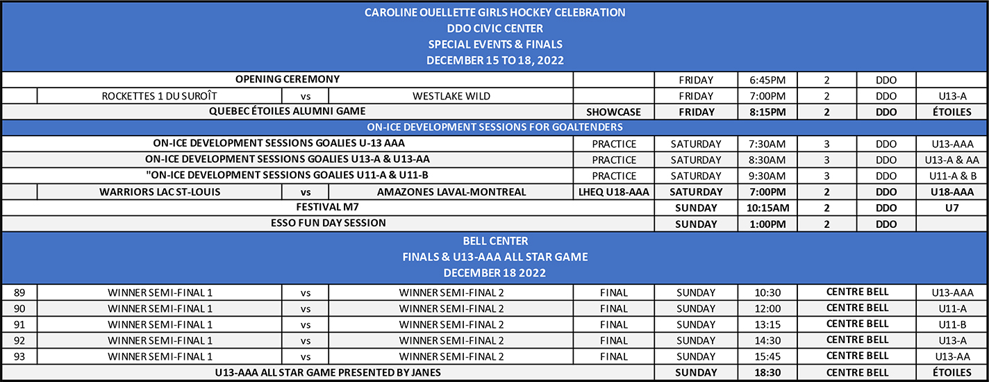 Schedule of the Celebration Caroline Ouellette